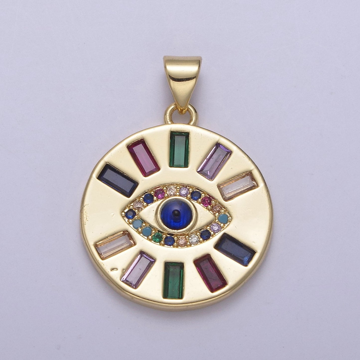 Gold Filled Evil Eye Pendant Baguette CZ Micro Pave Multi Color Amulet | DIY Fashion Jewelry Charm Add on Necklace Bracelet Eearring | N-547