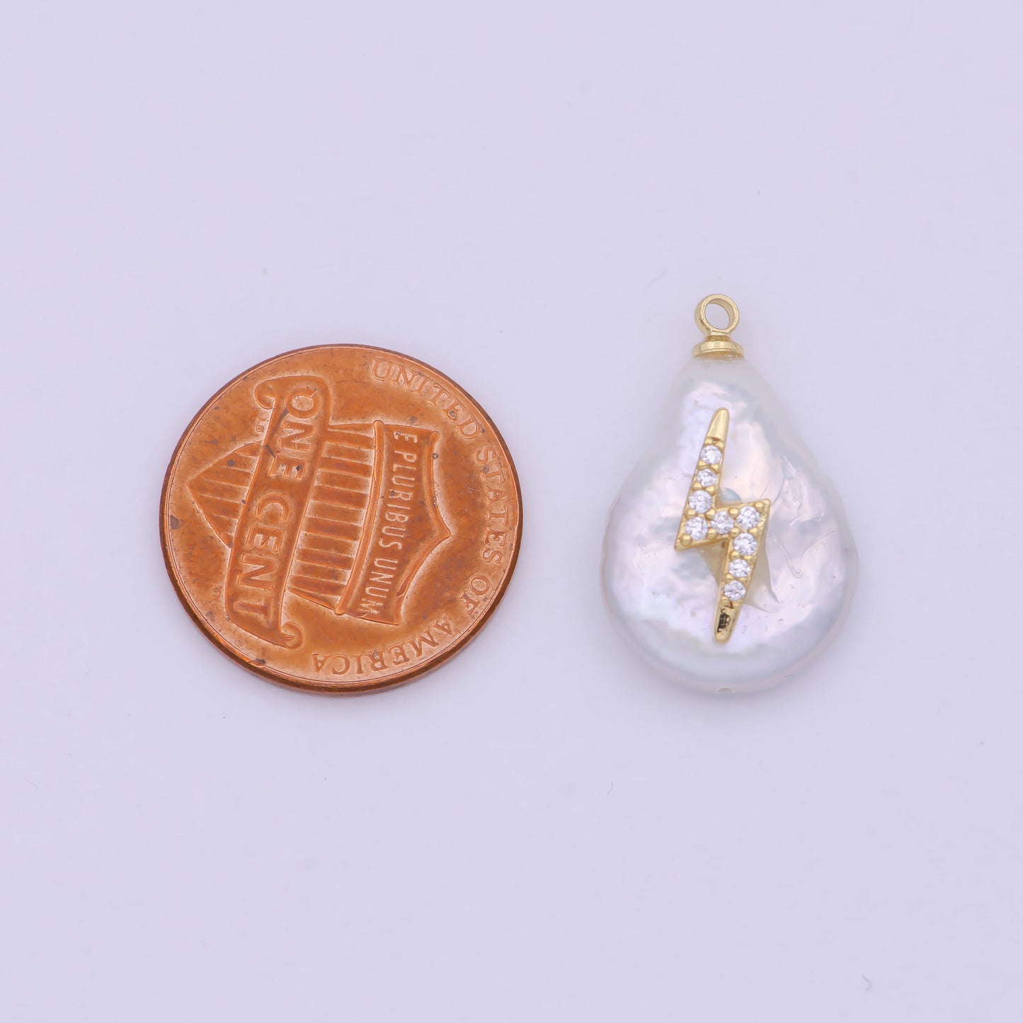 1 Pc Gold Filled Micro Pave Thunderbolt on Pear Freeform Pearl Charm for Necklace Bracelet Earring Pendant Jewelry Supply | P-1826