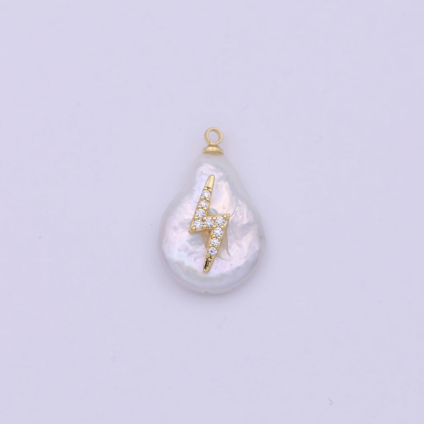 1 Pc Gold Filled Micro Pave Thunderbolt on Pear Freeform Pearl Charm for Necklace Bracelet Earring Pendant Jewelry Supply | P-1826