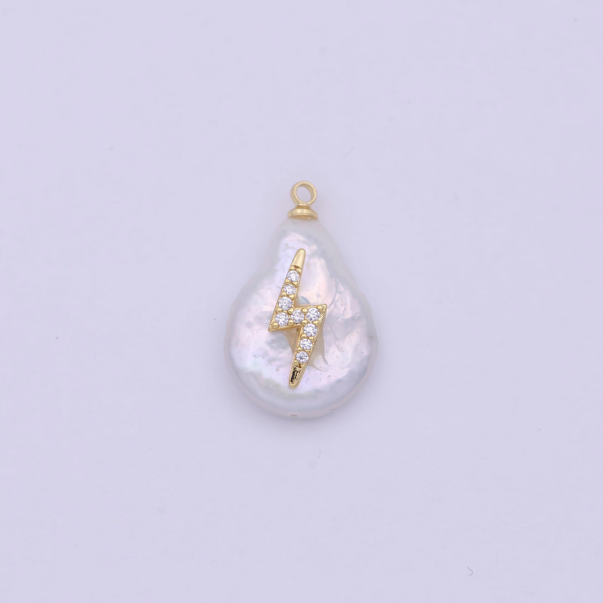 1 Pc Gold Filled Micro Pave Thunderbolt on Pear Freeform Pearl Charm for Necklace Bracelet Earring Pendant Jewelry Supply | P-1826
