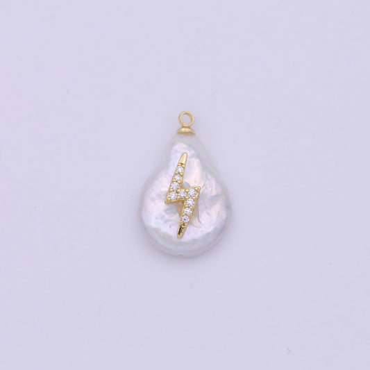 1 Pc Gold Filled Micro Pave Thunderbolt on Pear Freeform Pearl Charm for Necklace Bracelet Earring Pendant Jewelry Supply | P-1826