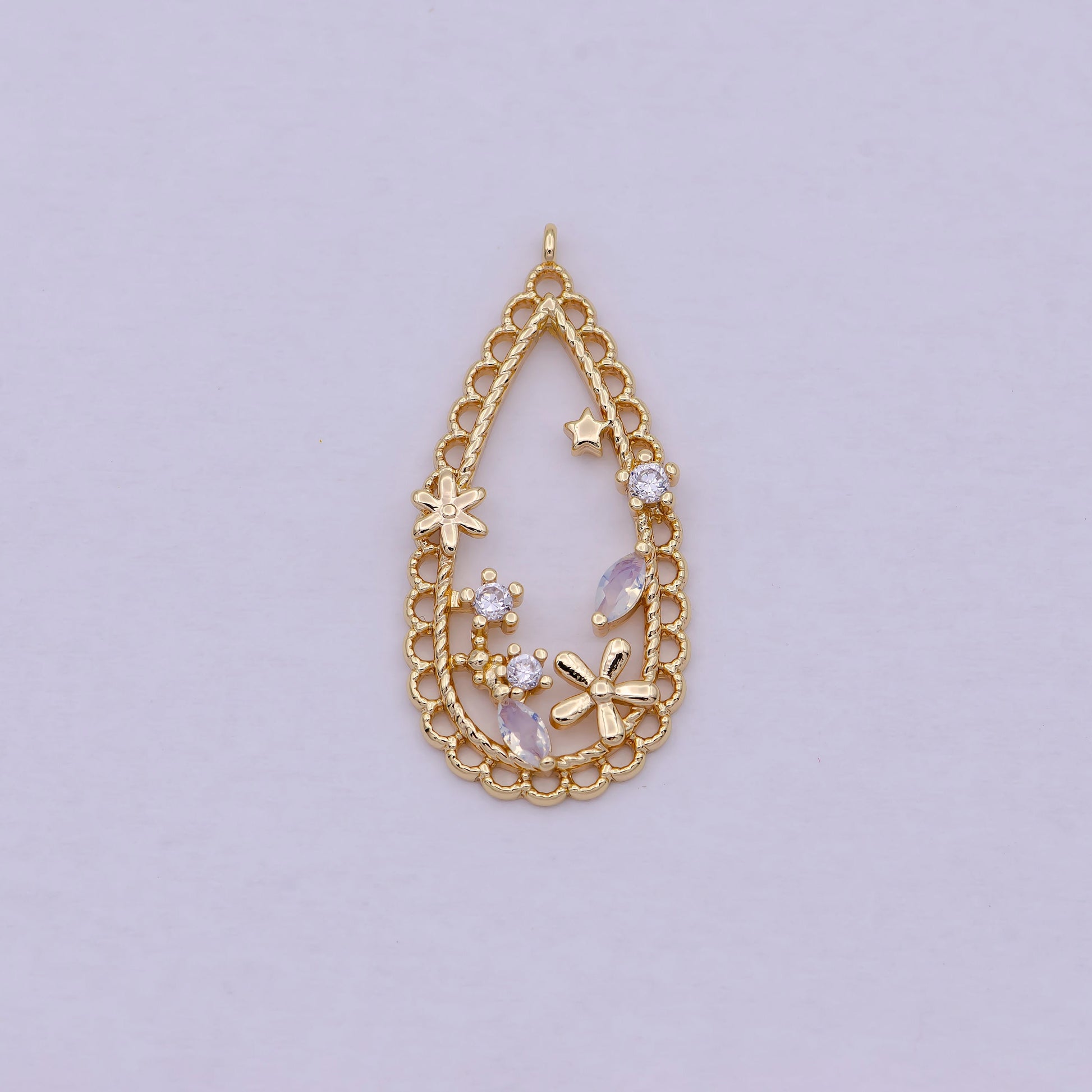 Dainty Teardrop Charm w/ CZ, Flower, Star, Tear Drop Pendant Hollow Center, DIY Fashion Jewelry Supply for Necklace Bracelet Earring | C-434