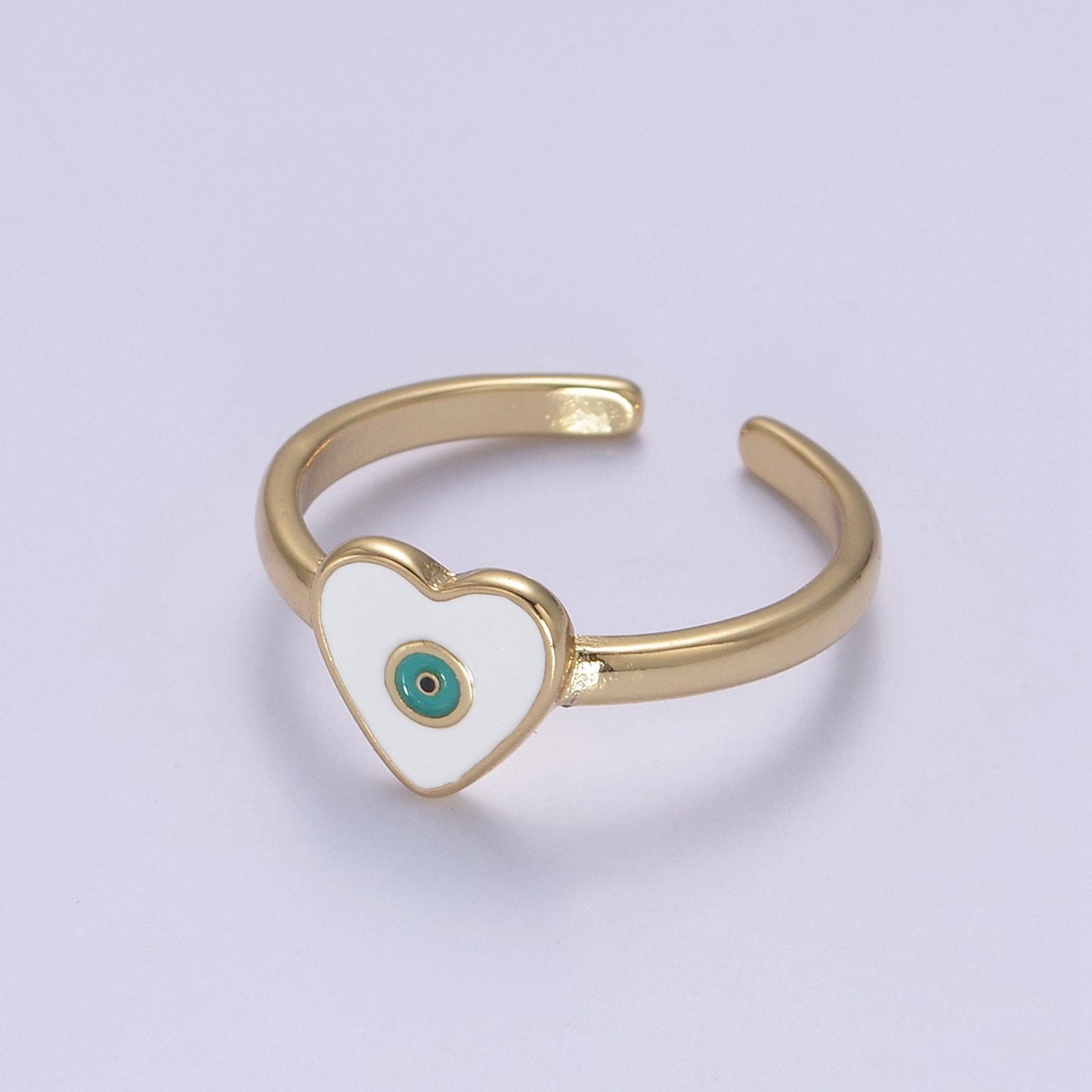 24K Gold Filled White, Navy Blue Enamel Heart Evil Eye Adjustable Ring | U407, U443