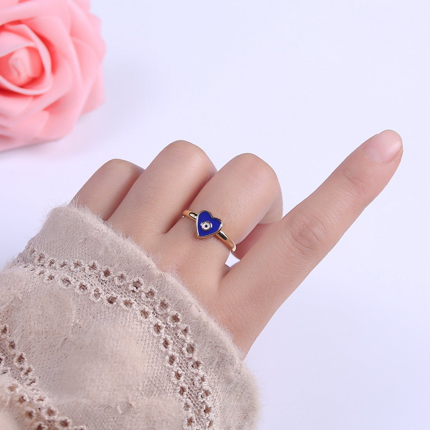 24K Gold Filled White, Navy Blue Enamel Heart Evil Eye Adjustable Ring | U407, U443