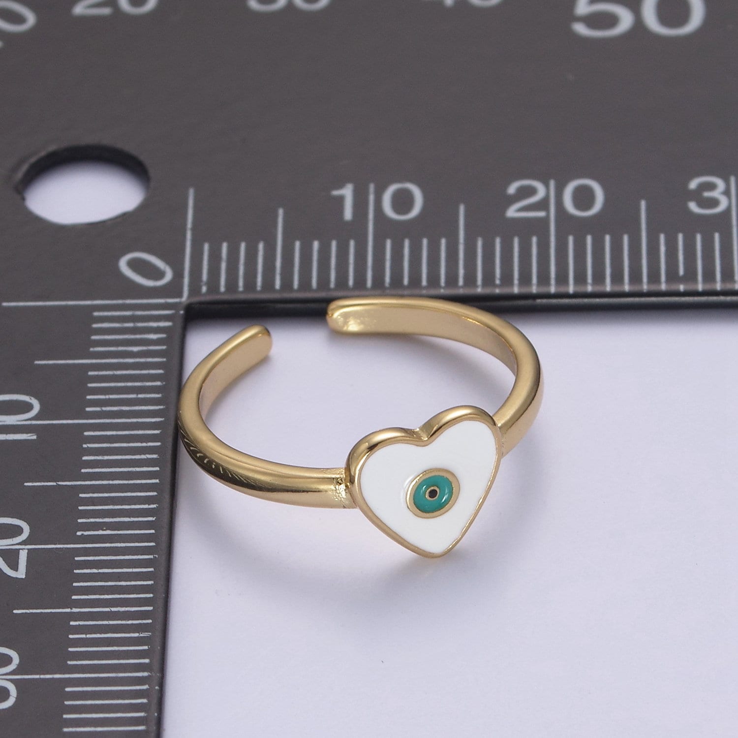 24K Gold Filled White, Navy Blue Enamel Heart Evil Eye Adjustable Ring | U407, U443