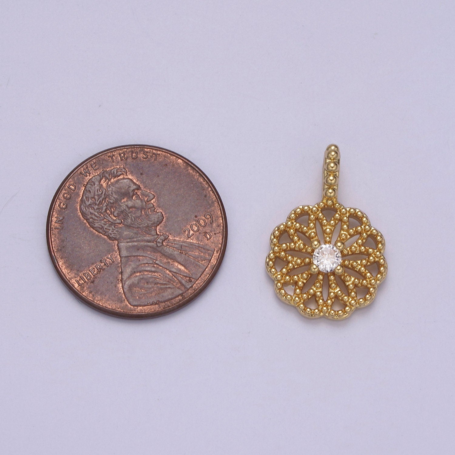 24K Gold Filled Floral Beaded Pendant with Clear CZ in the center for Minimalist Jewelry I-893