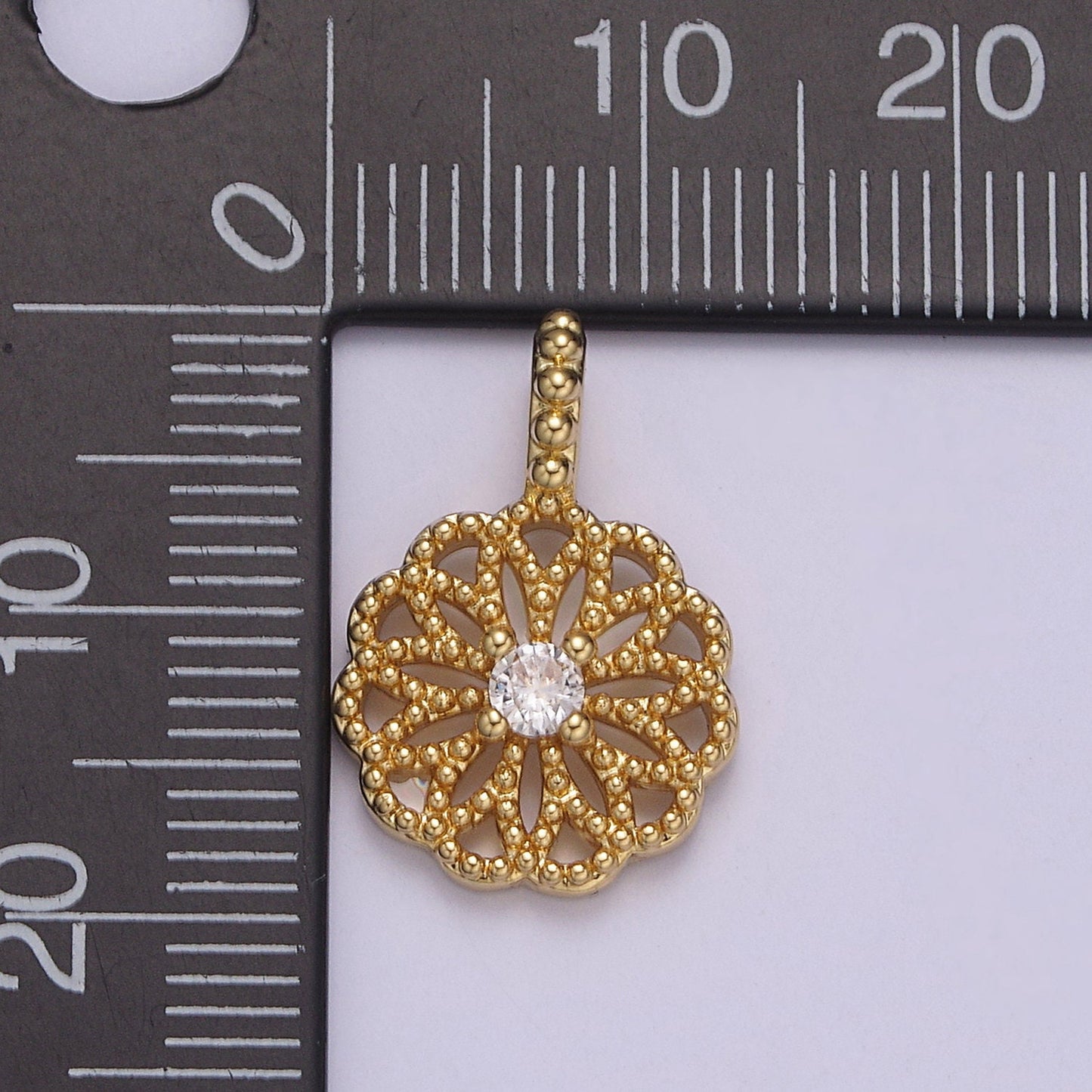 24K Gold Filled Floral Beaded Pendant with Clear CZ in the center for Minimalist Jewelry I-893