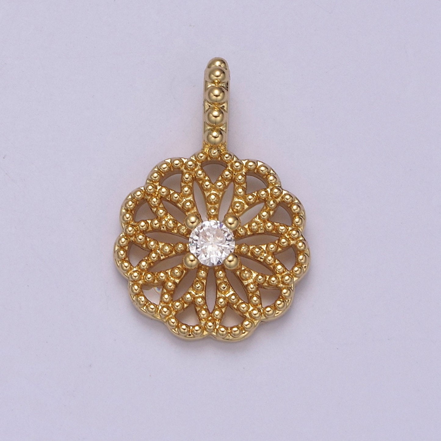24K Gold Filled Floral Beaded Pendant with Clear CZ in the center for Minimalist Jewelry I-893