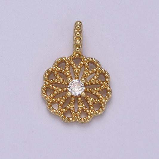 24K Gold Filled Floral Beaded Pendant with Clear CZ in the center for Minimalist Jewelry I-893