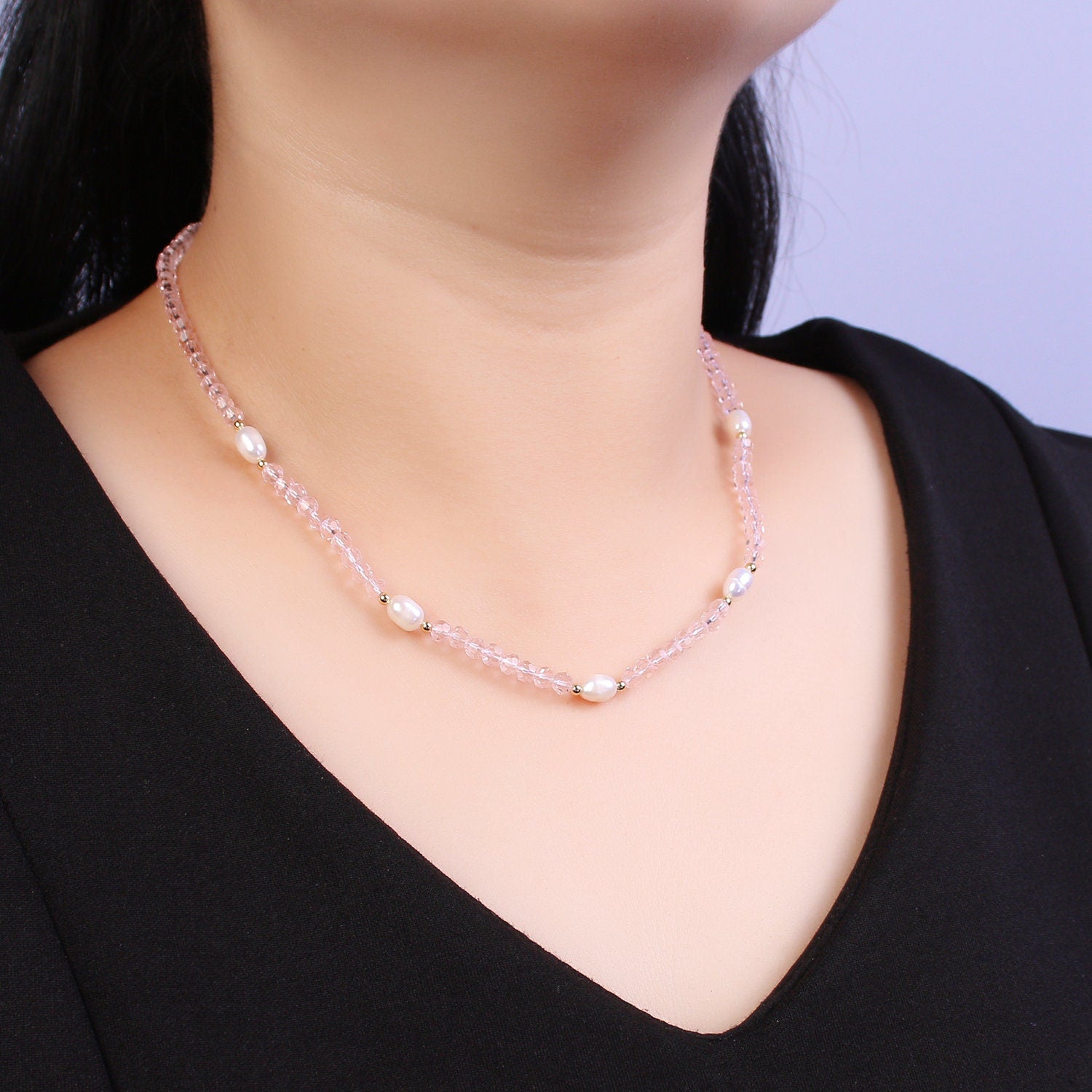 Pearl with Pink Glass Beaded Necklace, Pink Quartz Faceted Rondelle Beads Necklace | WA-586