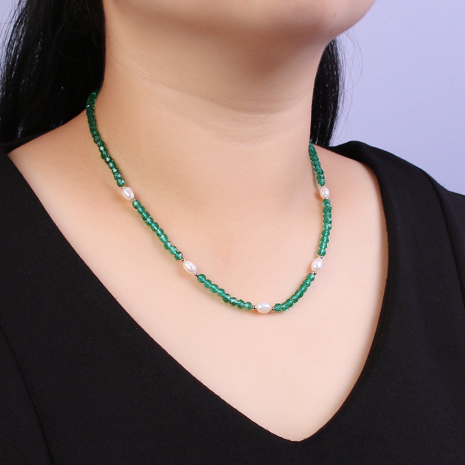 Pearl with Green Glass Beaded Necklace, Green Faceted Rondelle Beads Necklace WA-589