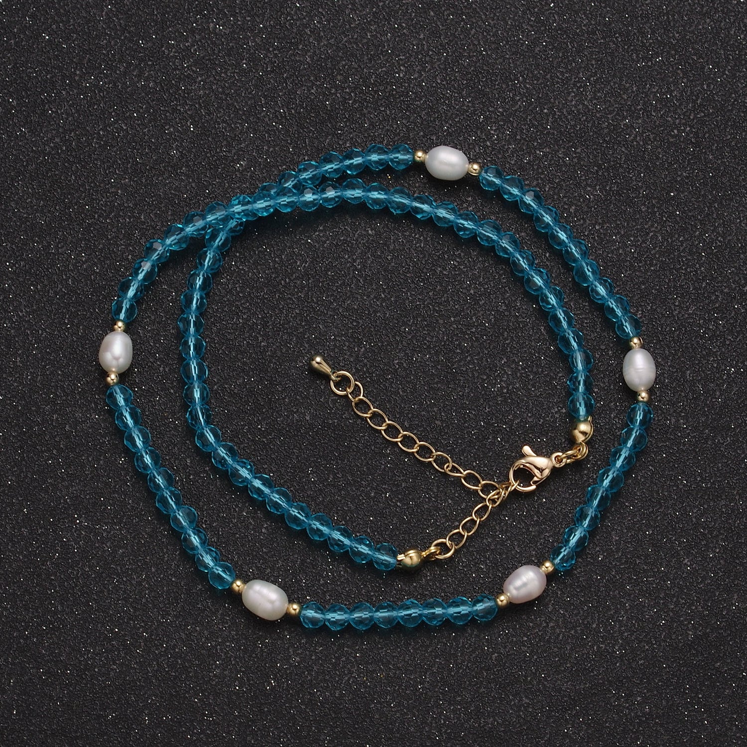 Pearl with Aqua Blue Glass Beaded Necklace, Light Blue Faceted Rondell Beads Necklace | WA-591