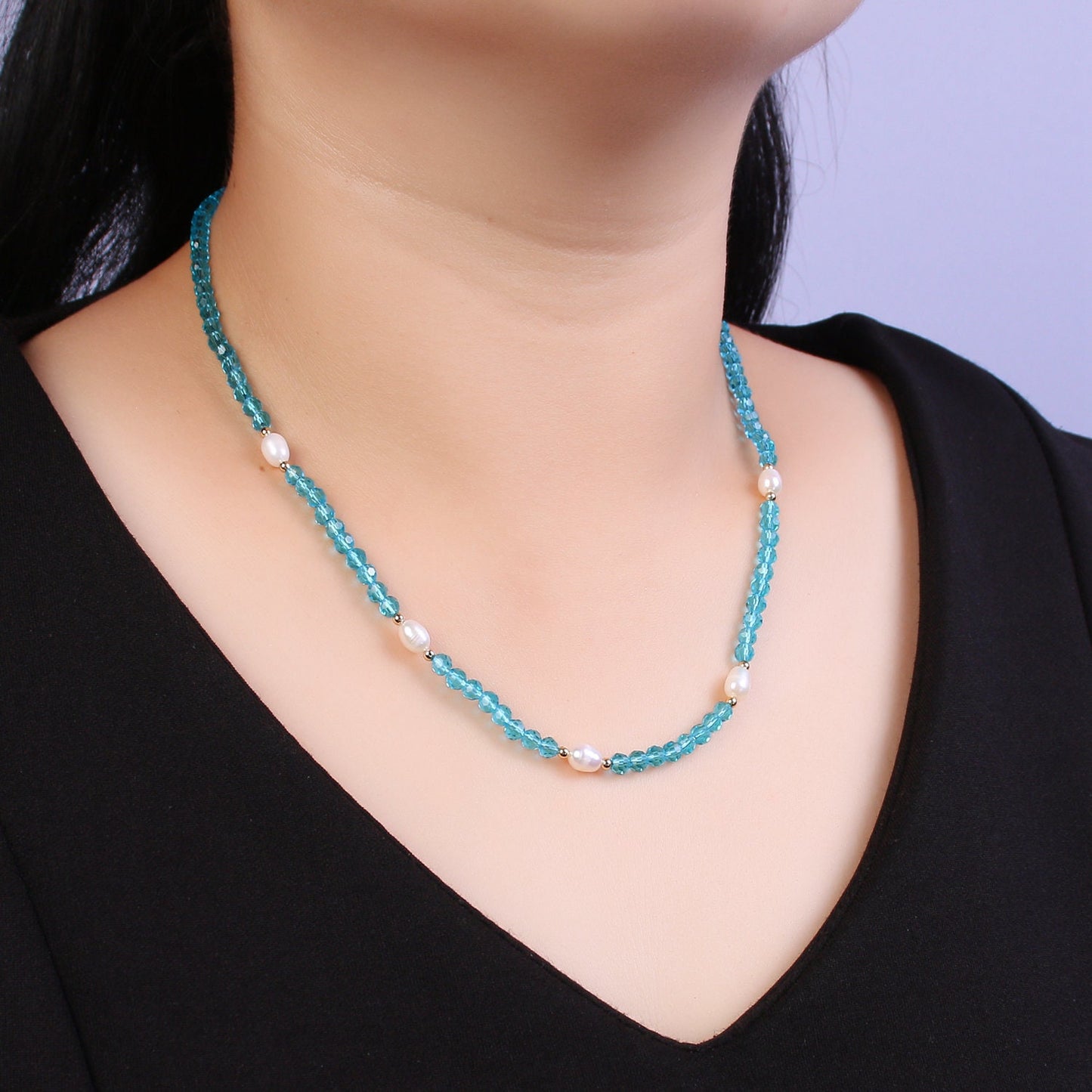 Pearl with Aqua Blue Glass Beaded Necklace, Light Blue Faceted Rondell Beads Necklace | WA-591