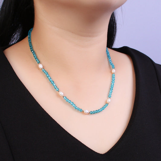 Pearl with Aqua Blue Glass Beaded Necklace, Light Blue Faceted Rondell Beads Necklace | WA-591