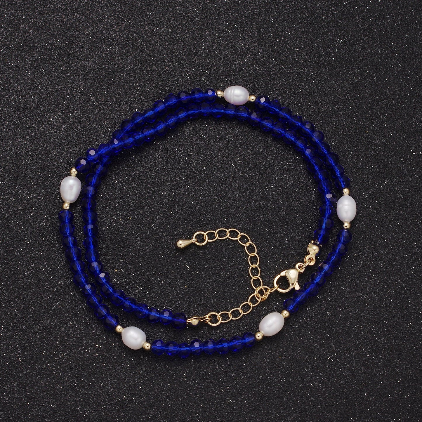 Pearl with Blue Glass Beaded Necklace, Dark Blue Faceted Rondelle Beads Necklace | WA-592