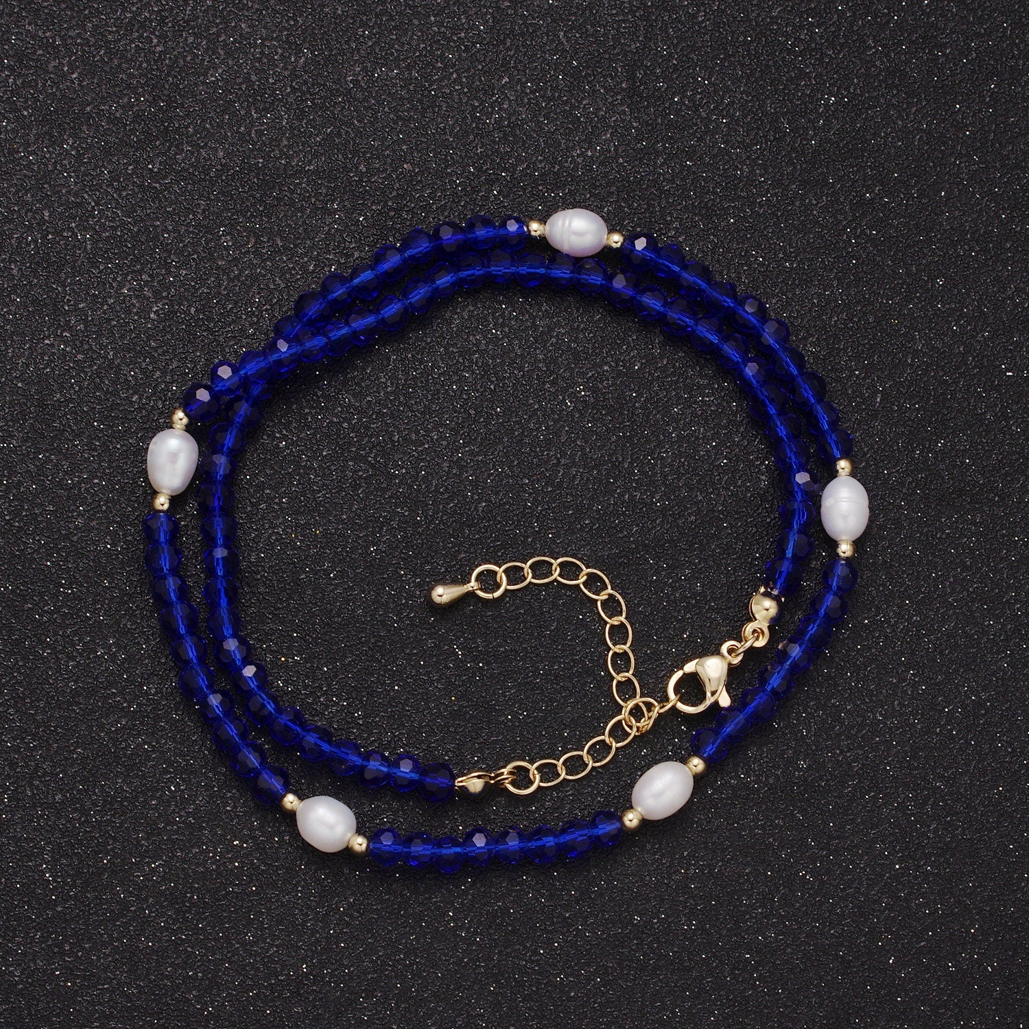 Pearl with Blue Glass Beaded Necklace, Dark Blue Faceted Rondelle Beads Necklace | WA-592