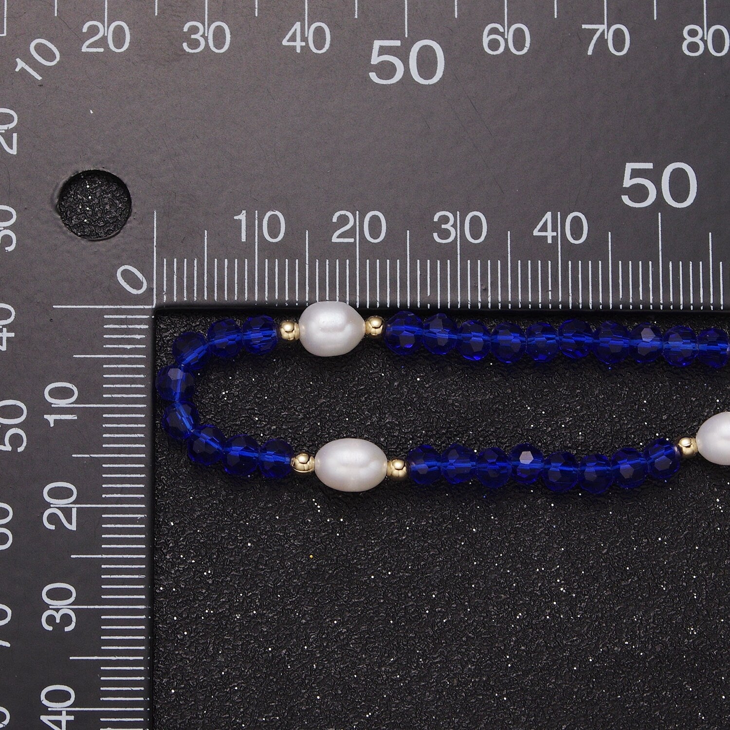 Pearl with Blue Glass Beaded Necklace, Dark Blue Faceted Rondelle Beads Necklace | WA-592