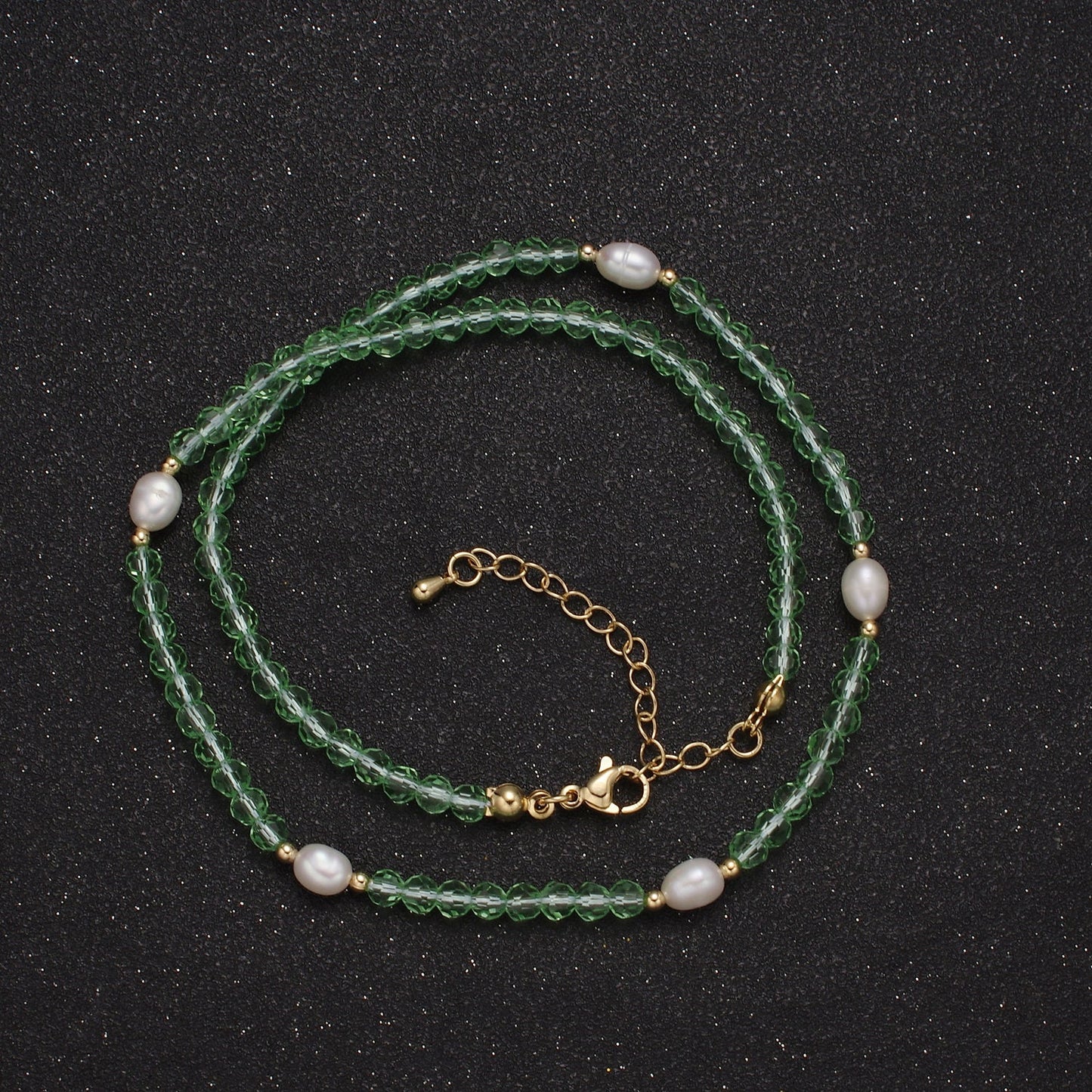 Pearl with Green Glass Beaded Necklace, Green Faceted Rondelle Beads Necklace | WA-593