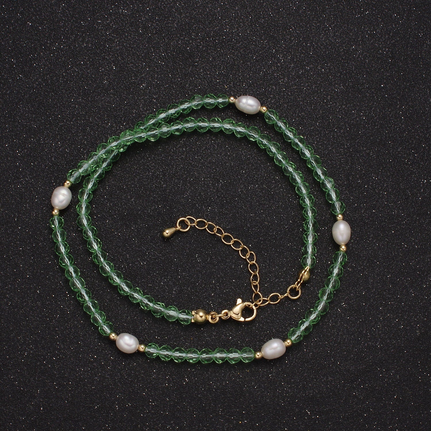 Pearl with Green Glass Beaded Necklace, Green Faceted Rondelle Beads Necklace | WA-593