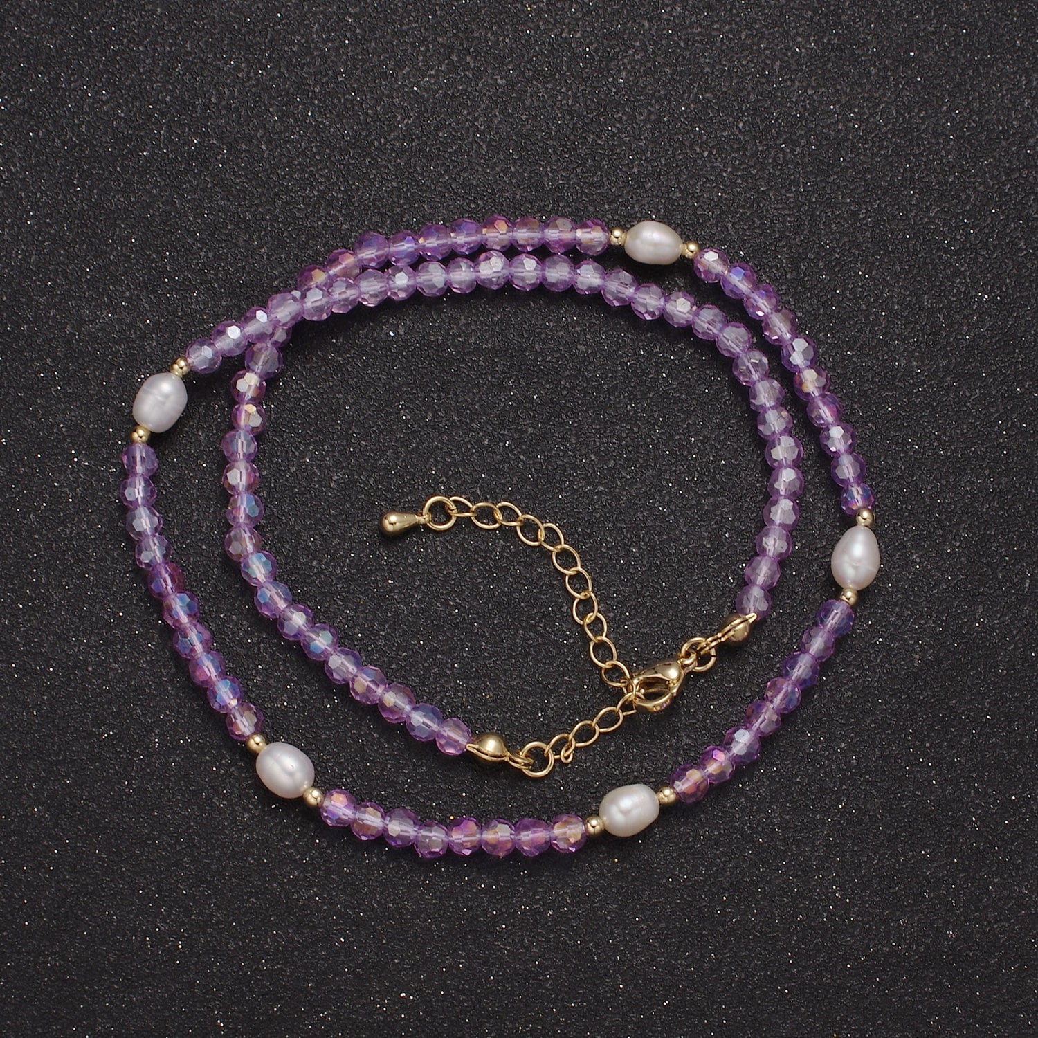 Pearl with Lavender Glass Beaded Necklace, Purple Faceted Rondelle Beads Necklace for Layer | WA-585