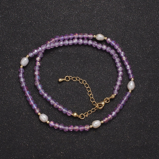 Pearl with Lavender Glass Beaded Necklace, Purple Faceted Rondelle Beads Necklace for Layer | WA-585