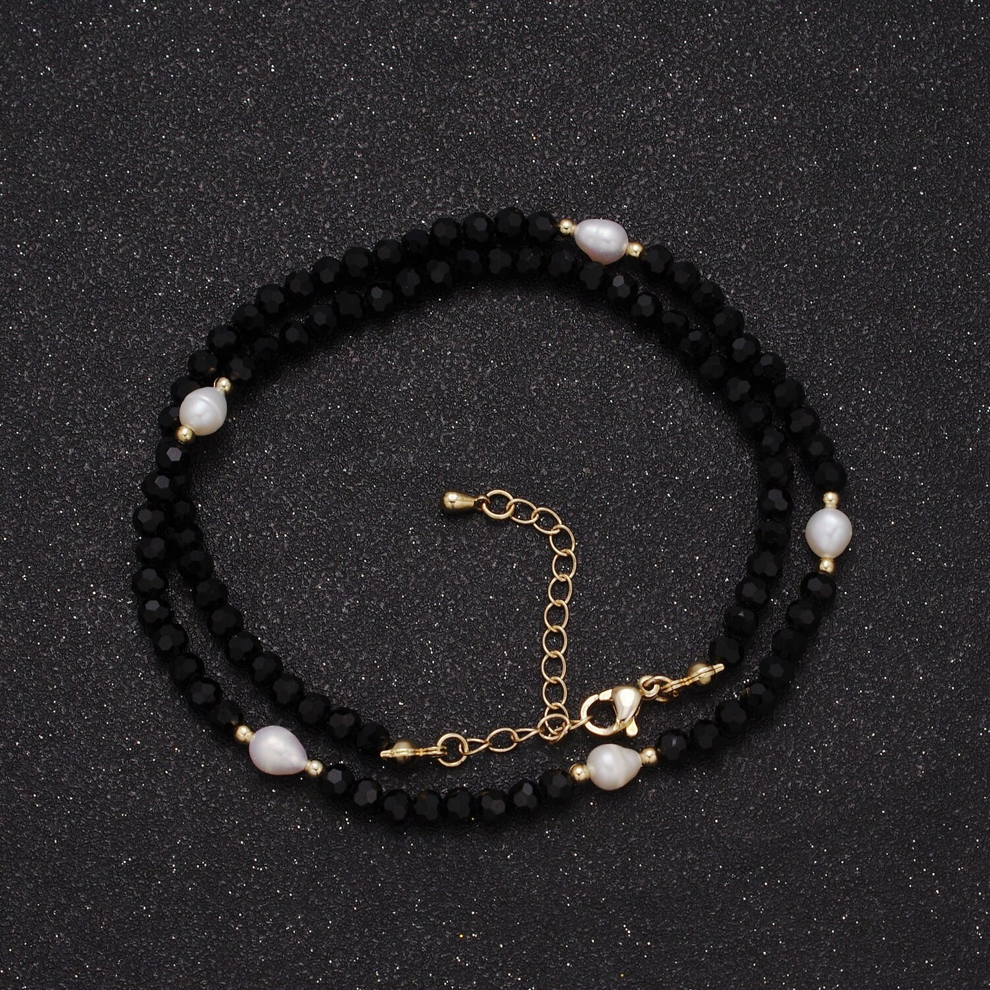 Pearl with Black Glass Beaded Necklace, Black Faceted Rondelle Beads Necklace | WA-604