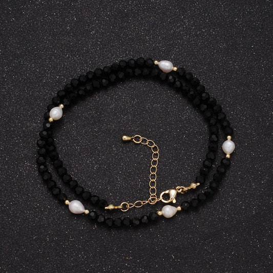 Pearl with Black Glass Beaded Necklace, Black Faceted Rondelle Beads Necklace | WA-604