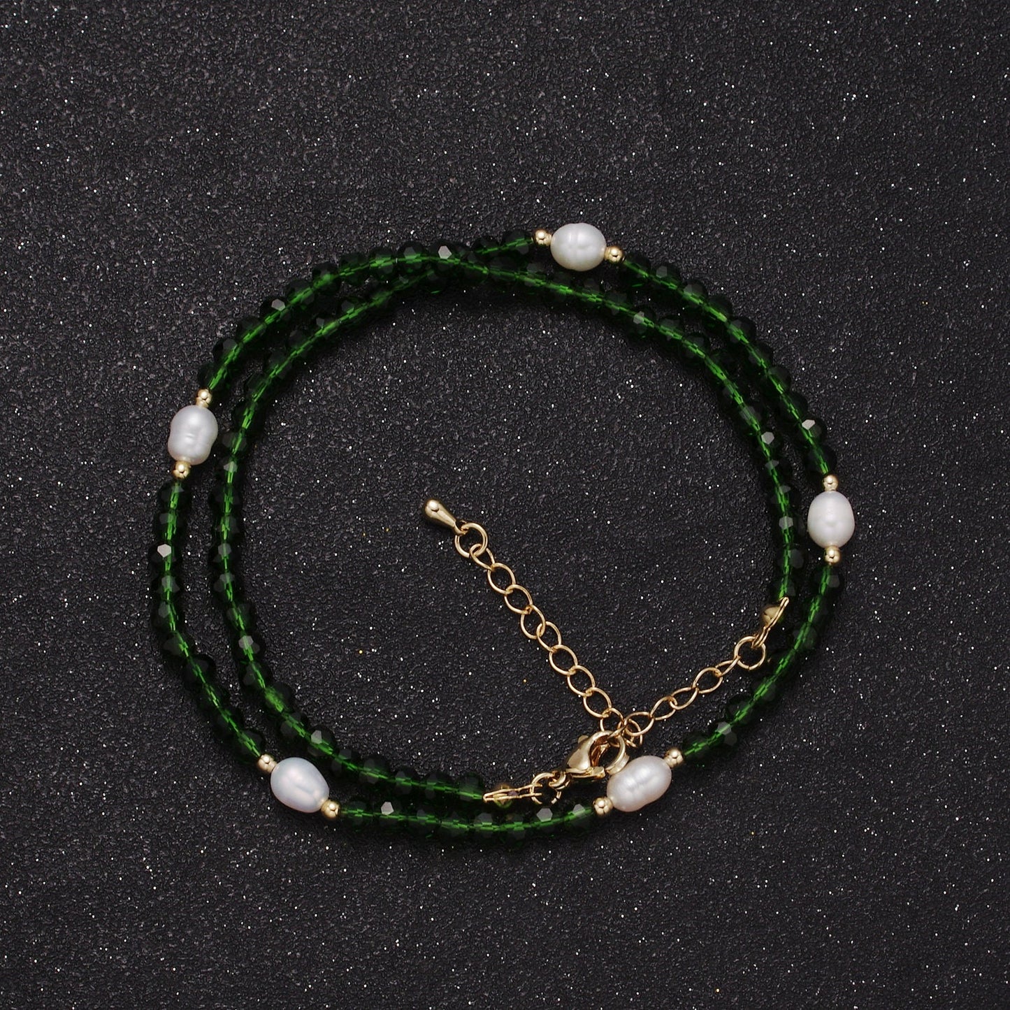 Pearl with Green Glass Beaded Necklace, Green Faceted Rondell Beads Necklace | WA-606