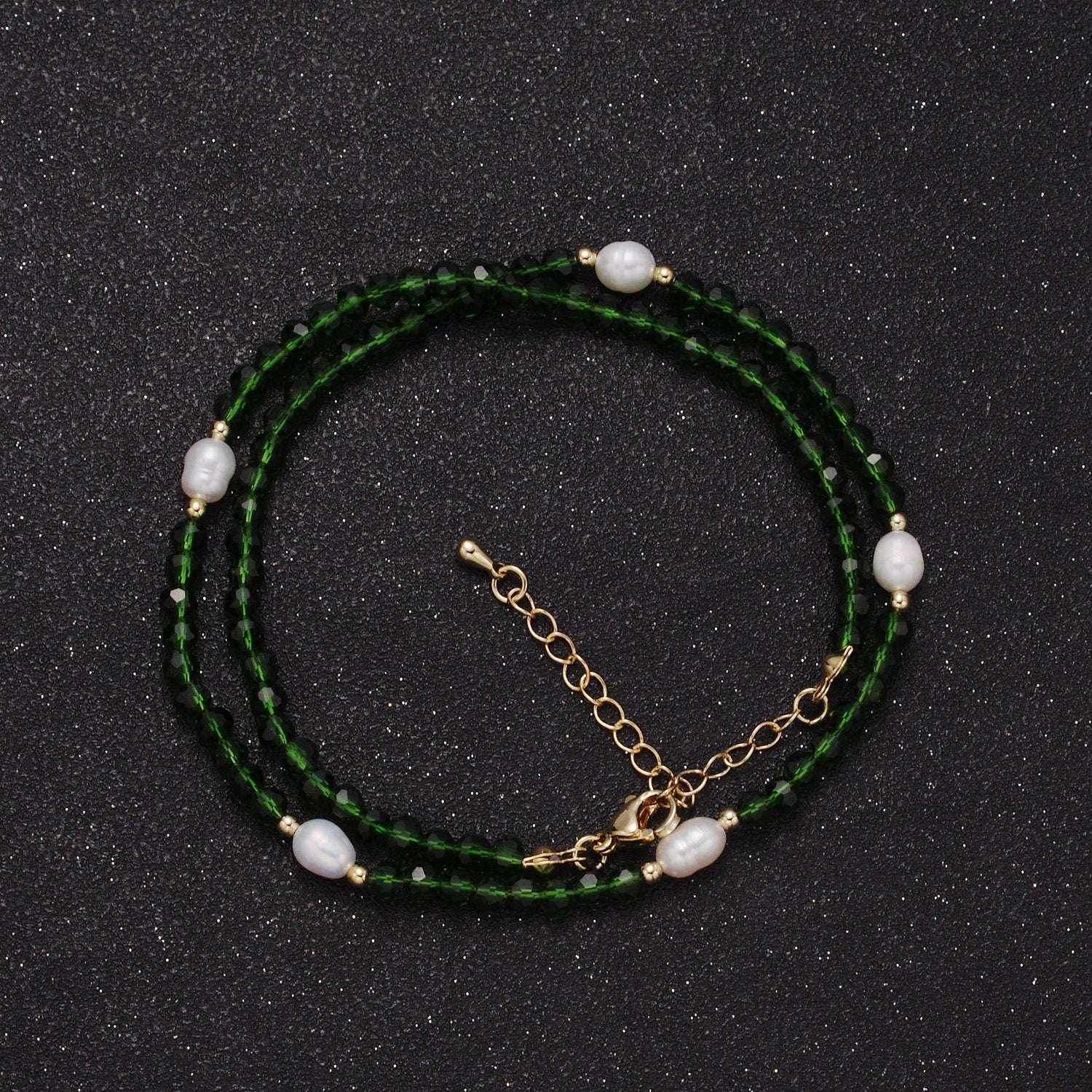 Pearl with Green Glass Beaded Necklace, Green Faceted Rondell Beads Necklace | WA-606