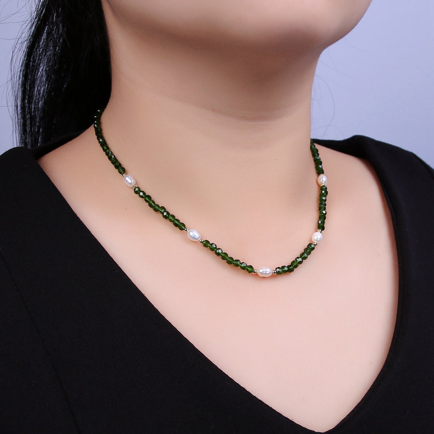 Pearl with Green Glass Beaded Necklace, Green Faceted Rondell Beads Necklace | WA-606