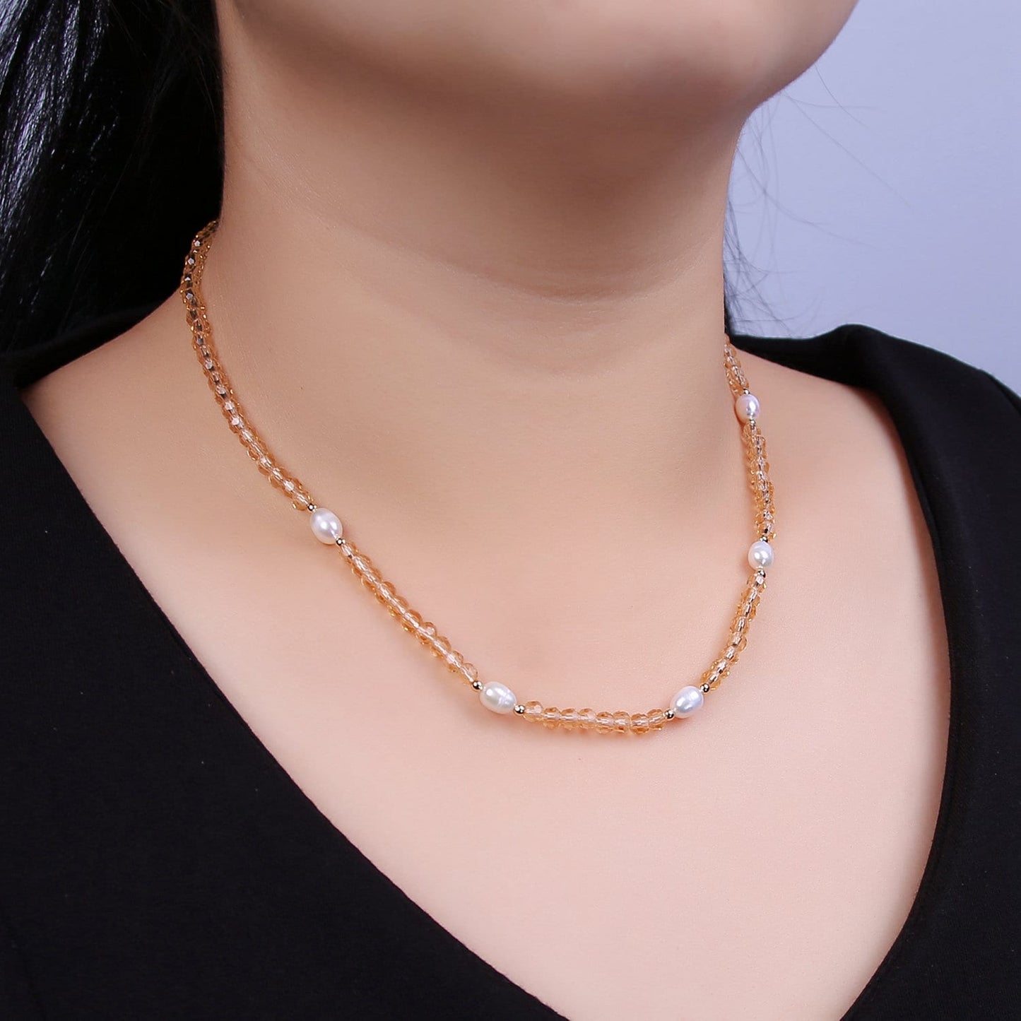 Pearl with Peach Glass Beaded Necklace, Peach Faceted Rondell Beads Necklace | WA-607