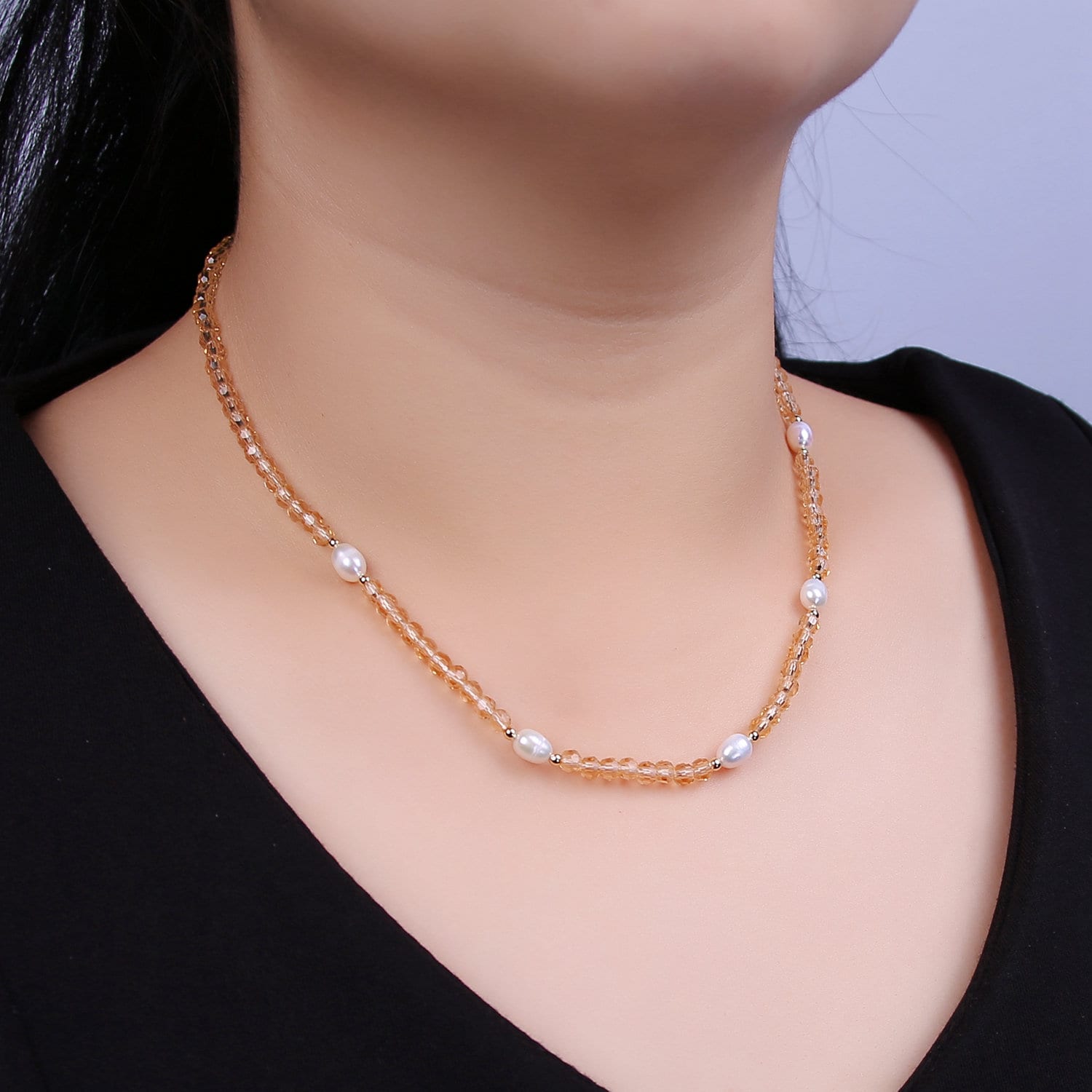Pearl with Peach Glass Beaded Necklace, Peach Faceted Rondell Beads Necklace | WA-607