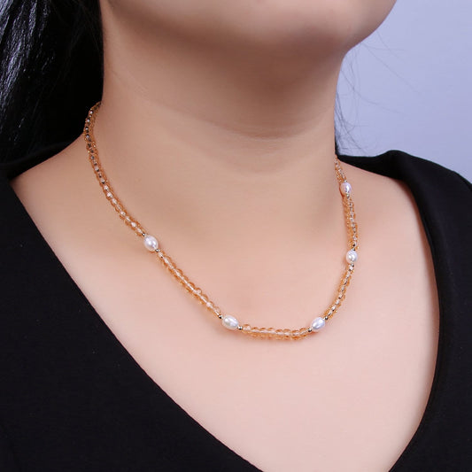 Pearl with Peach Glass Beaded Necklace, Peach Faceted Rondell Beads Necklace | WA-607