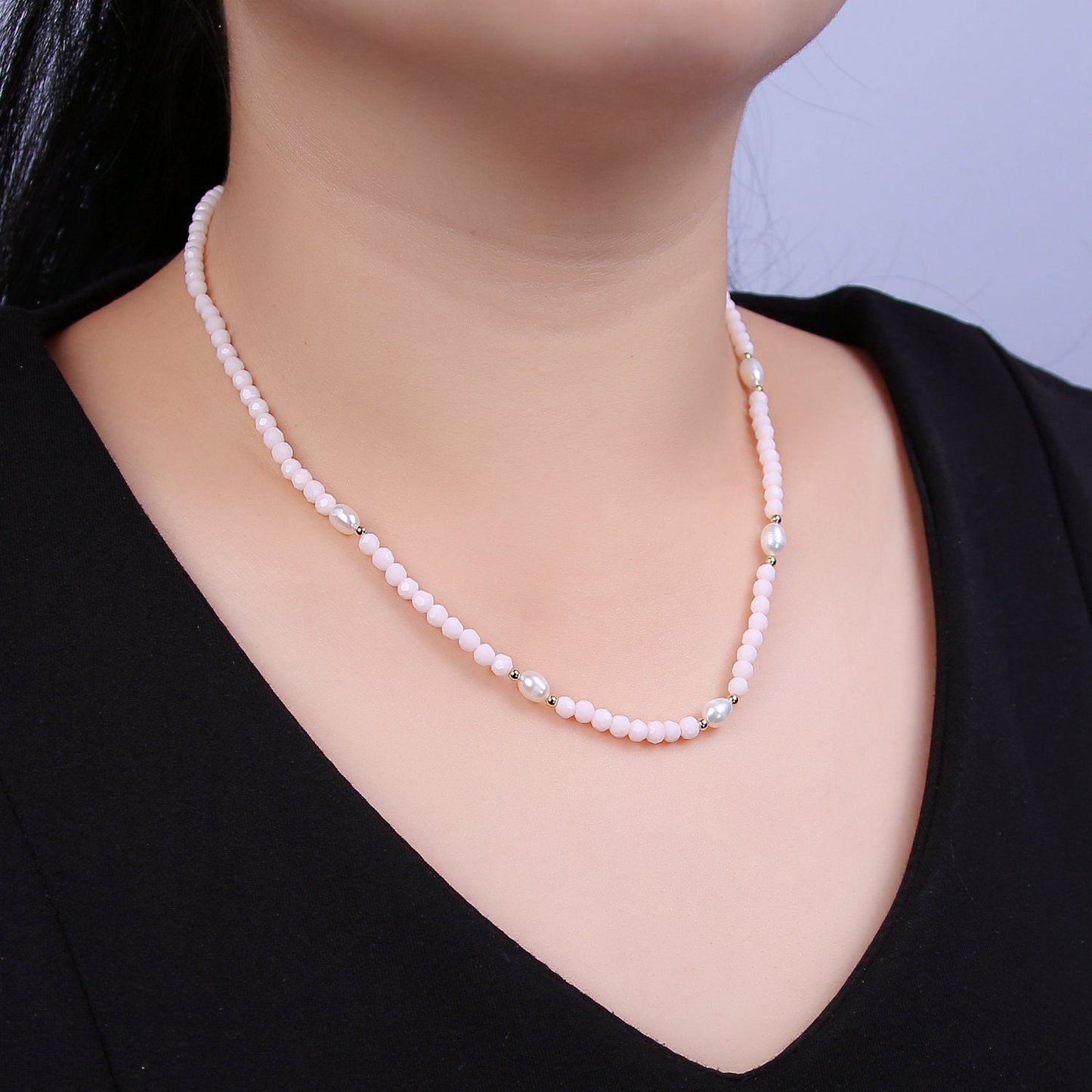 Pearl with Off White Glass Beaded Necklace, White Faceted Rondell Beads Necklace | WA-608