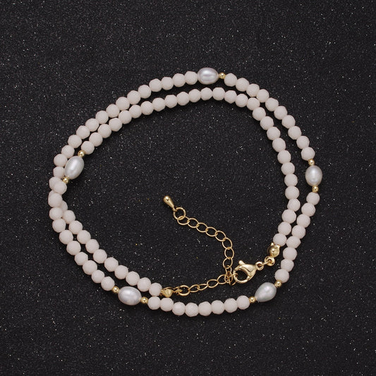 Pearl with Off White Glass Beaded Necklace, White Faceted Rondell Beads Necklace | WA-608
