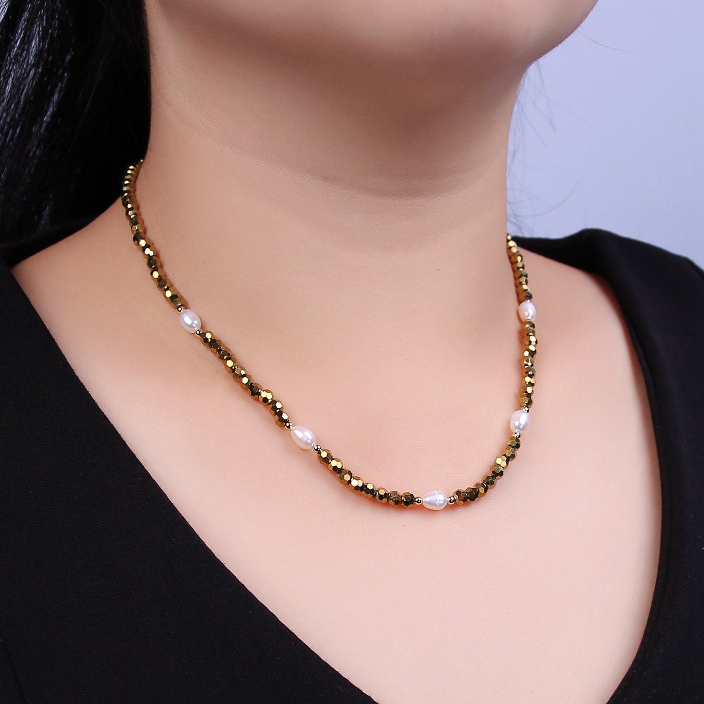 Pearl with Gold Glass Beaded Necklace, Gold Faceted Rondell Beads Necklace | WA-609