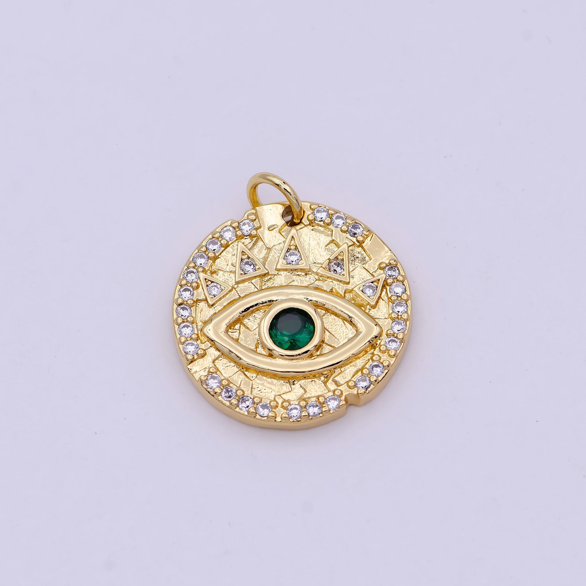 Dainty Gold Filled Evil Eye Charm with Green Emerald Cz Stone Coin Charm for Bracelet Necklace Supply N-362