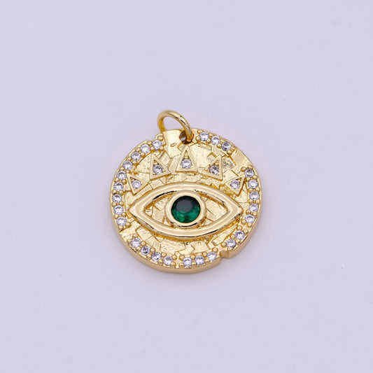 Dainty Gold Filled Evil Eye Charm with Green Emerald Cz Stone Coin Charm for Bracelet Necklace Supply N-362