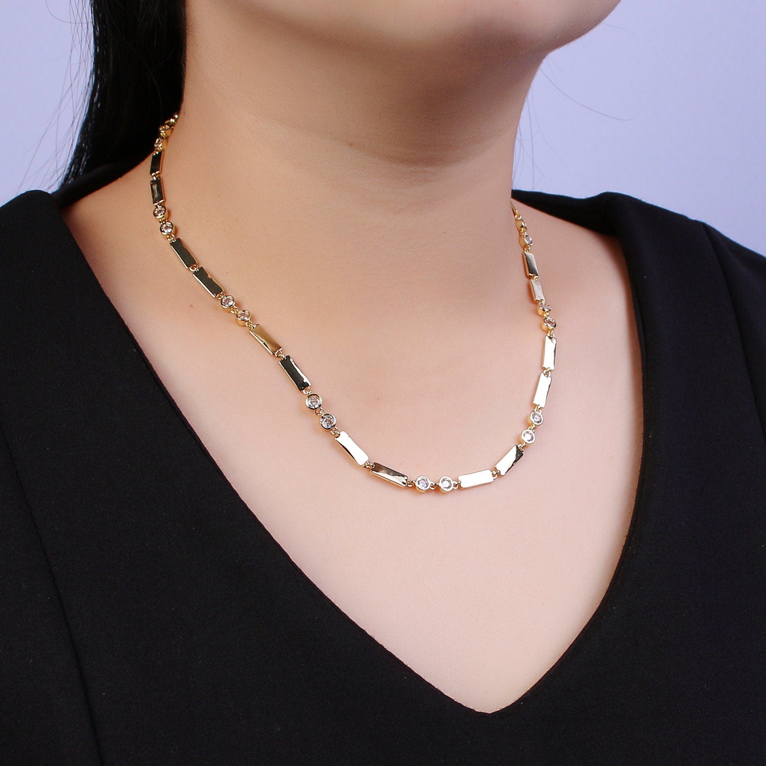 Gold Bezel Chain Necklace, Flat Bar Satellite Layered Jewelry • Layering Necklace for Statement Necklace WA-739