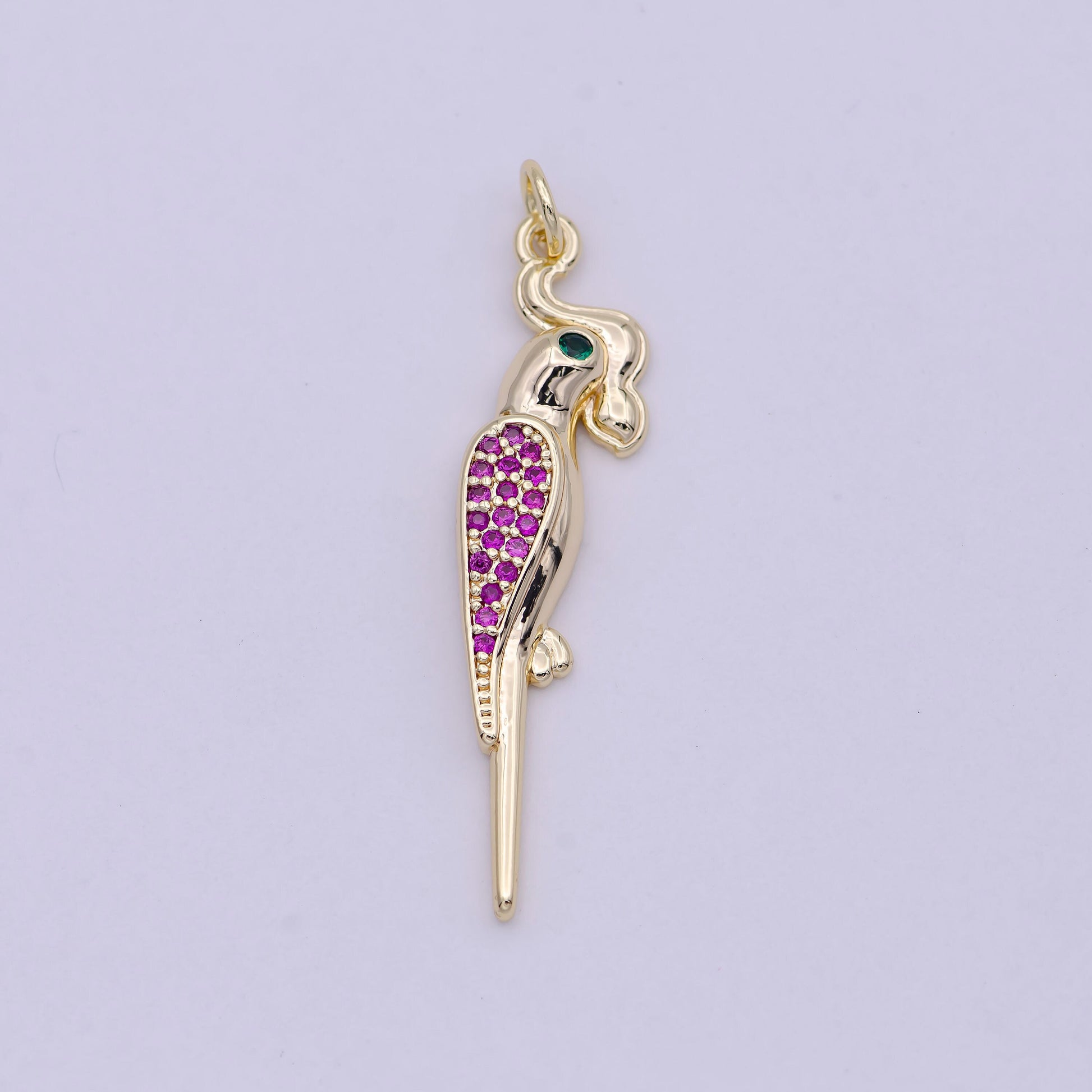 Macaw Parrot Gold Filled Charm, Micro Pave Fuchsia CZ Cockatoo Bird Pendant, DIY Fashion Jewelry Craft Supply for Necklace Bracelet | N-451