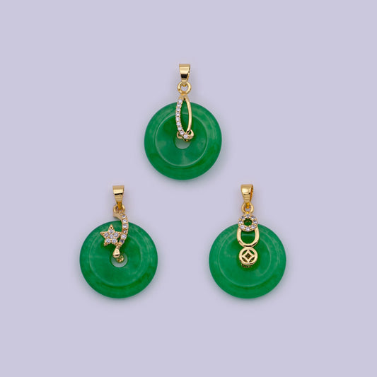 24k Gold Filled Round Jade Stone charm, Green Donut Stone Pendant, Jade Stone Pendant, Star Charm Jewelry Necklace O-095 O-096 O-098