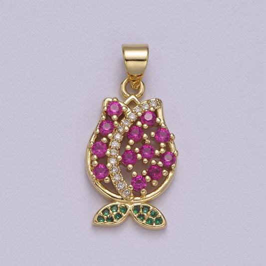 Tiny Gold Tulip Charm Necklace, Cubic Tulip Flower Pendant for Bracelet Necklace Earring component I-894