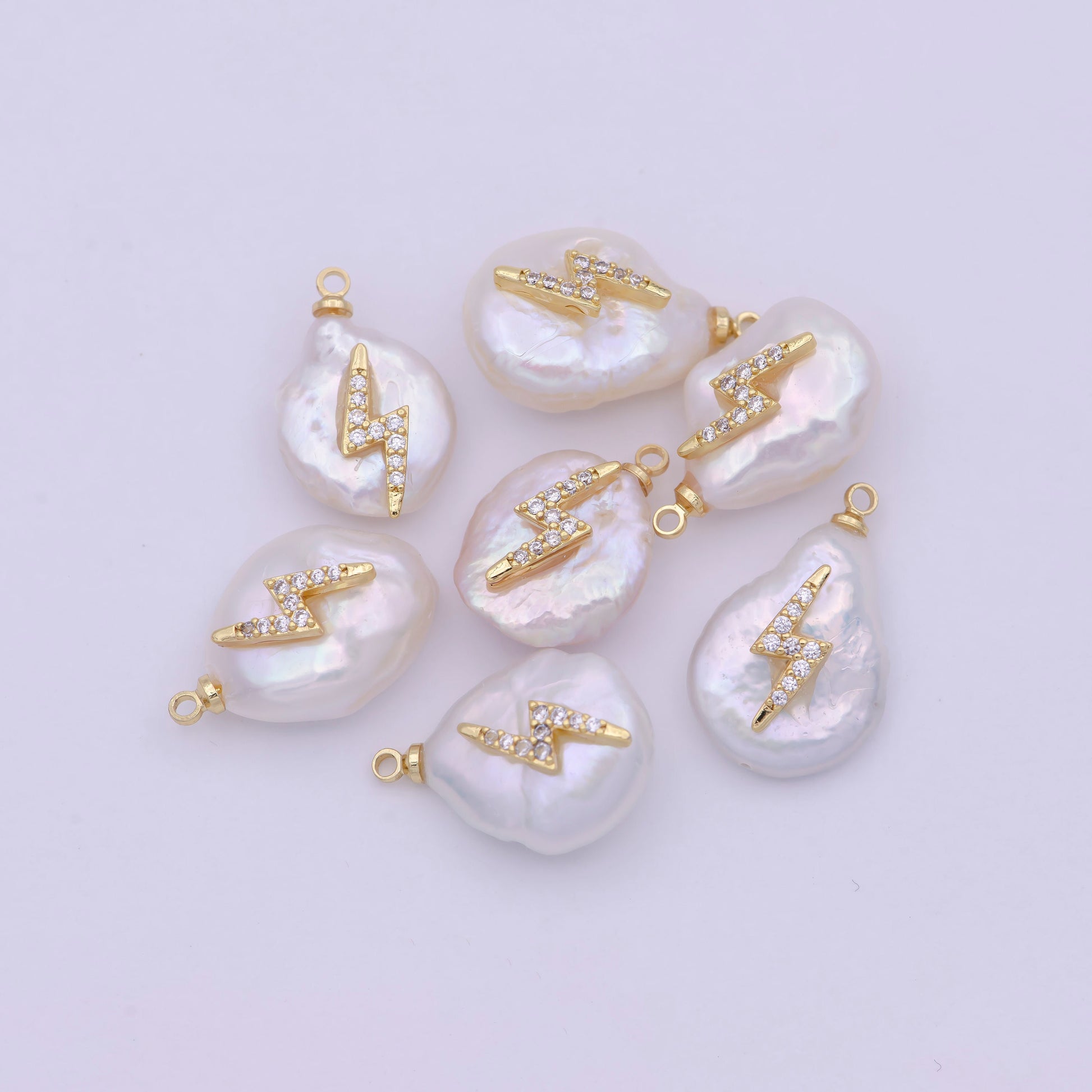 1 Pc Gold Filled Micro Pave Thunderbolt on Pear Freeform Pearl Charm for Necklace Bracelet Earring Pendant Jewelry Supply | P-1826