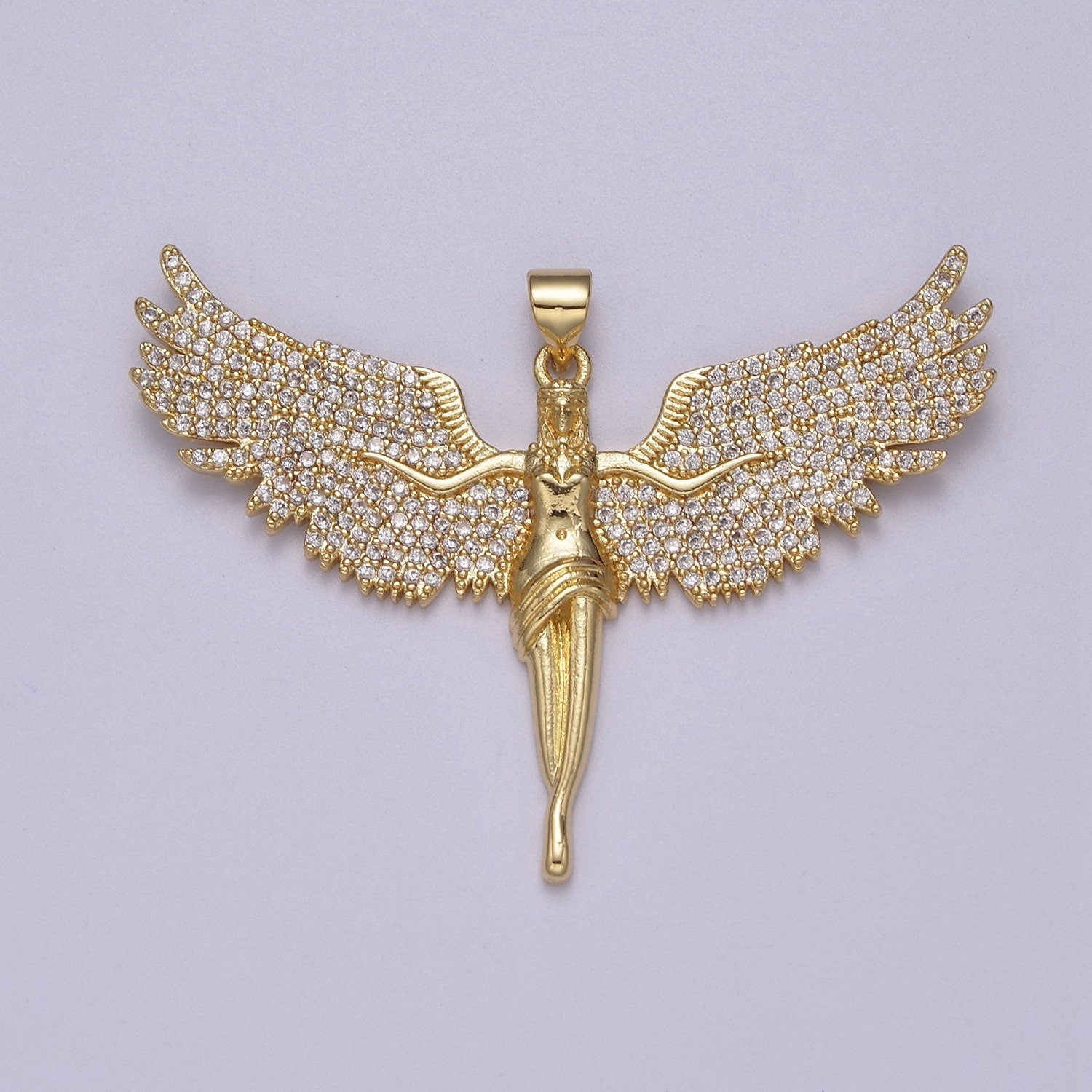 Big Gold Angel Necklace Pendant Ascending Wings with Cubic Zirconia Stones Archangel Guardian Angel Religious Jewelry Patron Saint J-347