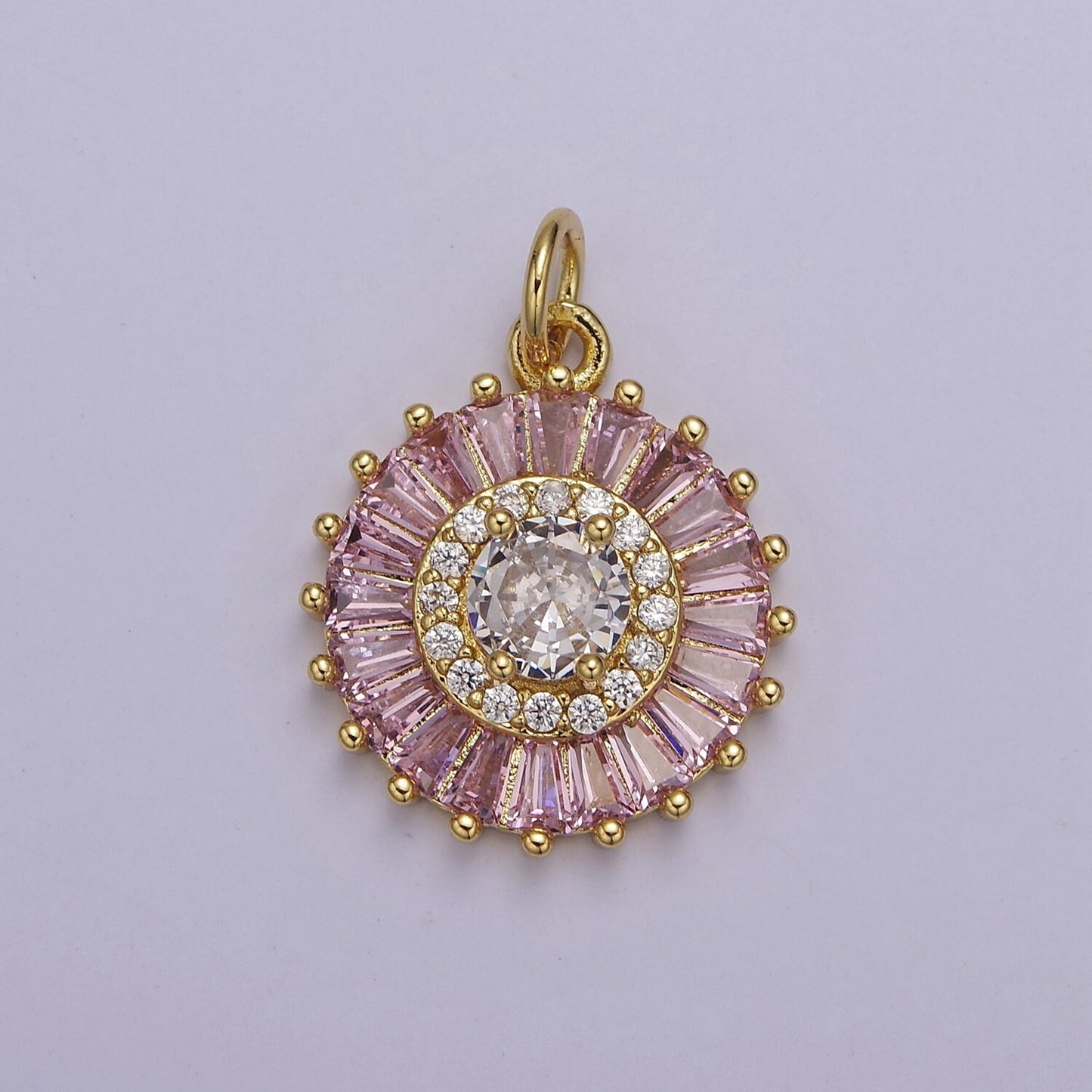 Dainty Green, Pink, Clear, Teal Cubic Zirconia Sun Charm Round Circle Disc CZ Charm for Add on Charm for Jewelry Supply Finding