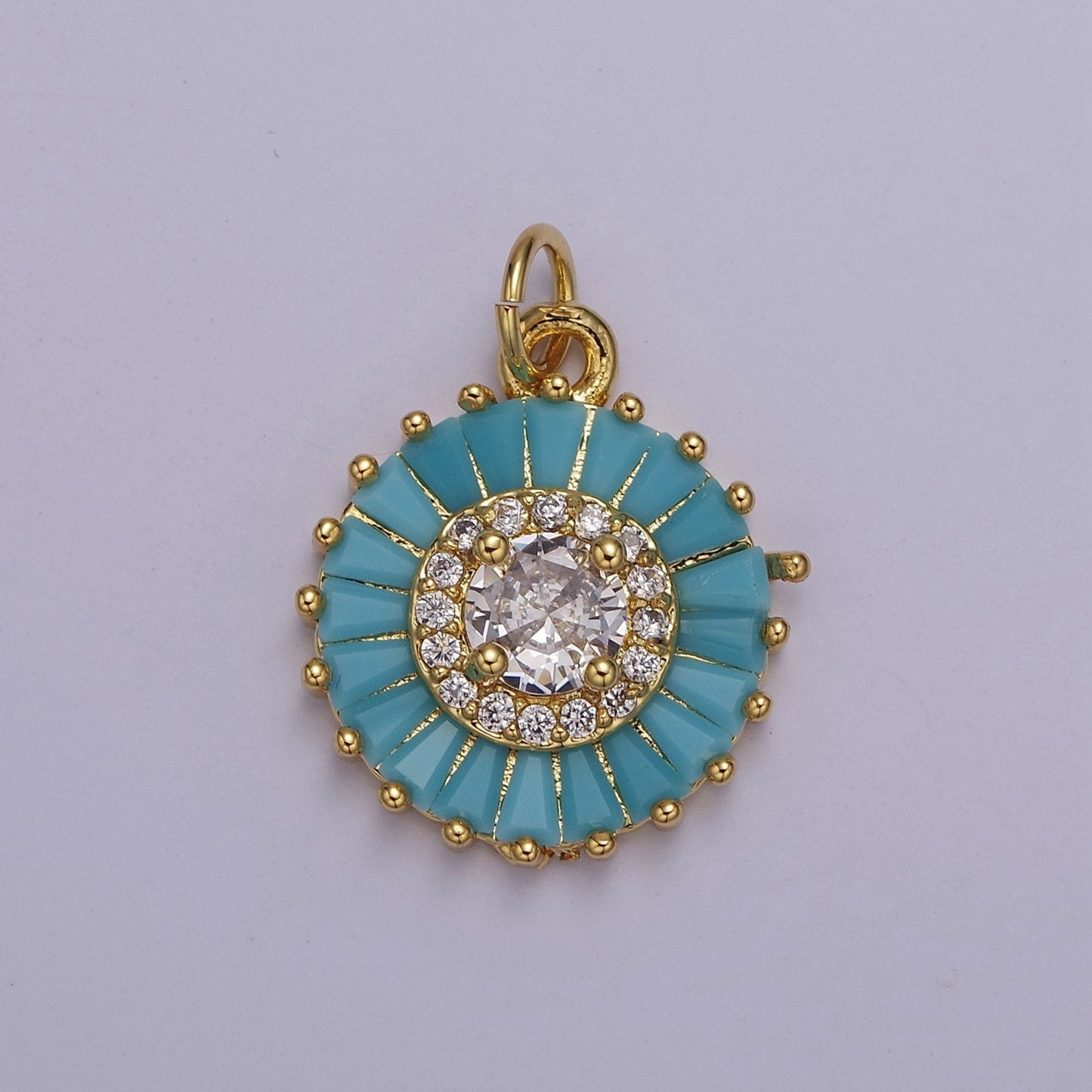 Dainty Green, Pink, Clear, Teal Cubic Zirconia Sun Charm Round Circle Disc CZ Charm for Add on Charm for Jewelry Supply Finding