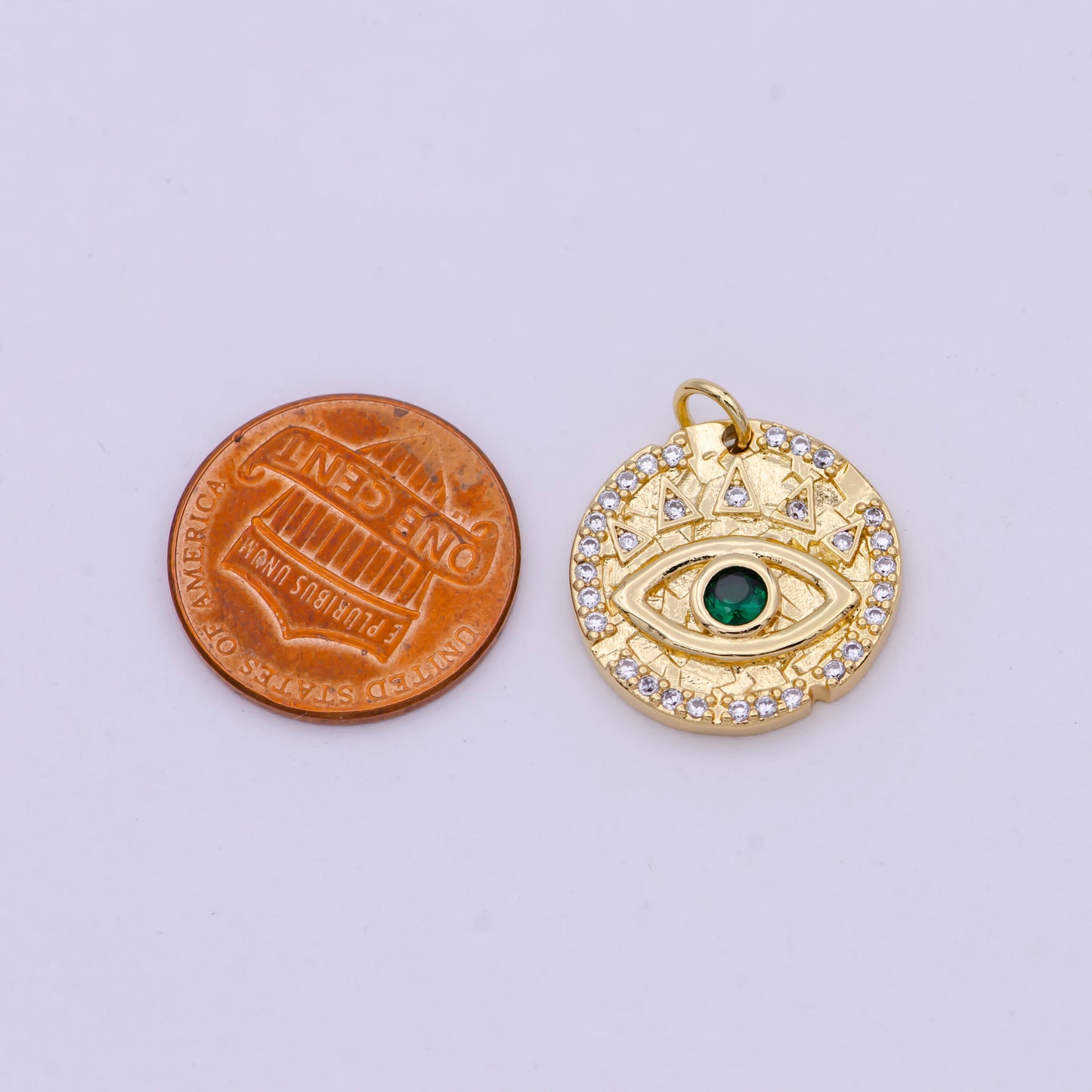 Dainty Gold Filled Evil Eye Charm with Green Emerald Cz Stone Coin Charm for Bracelet Necklace Supply N-362