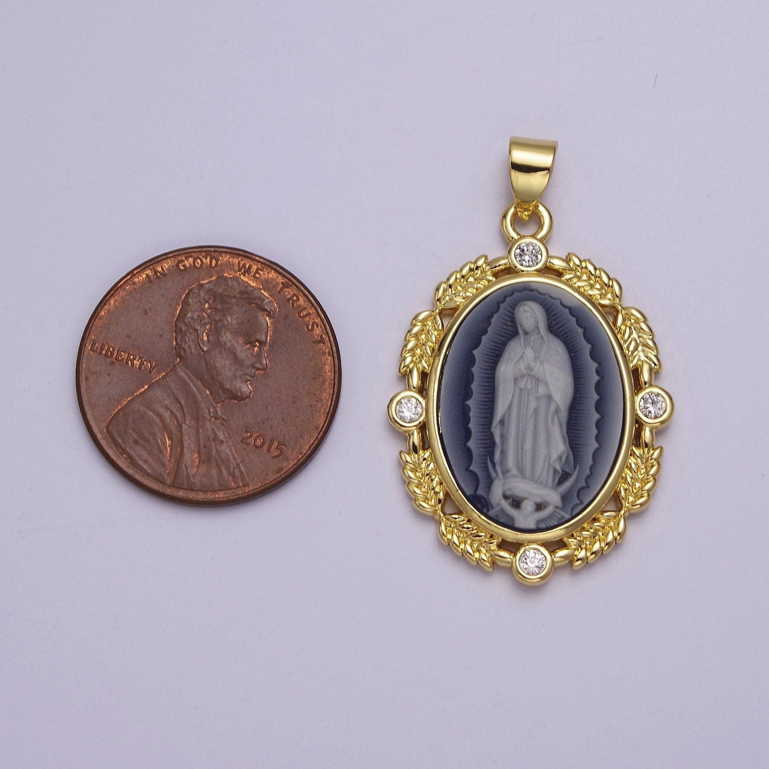 Dainty Micro Pave Vintage Blue Agate Virgin Mary pendant Lady Guadalupe cameo jewelry Charm Necklace J-185 AA867
