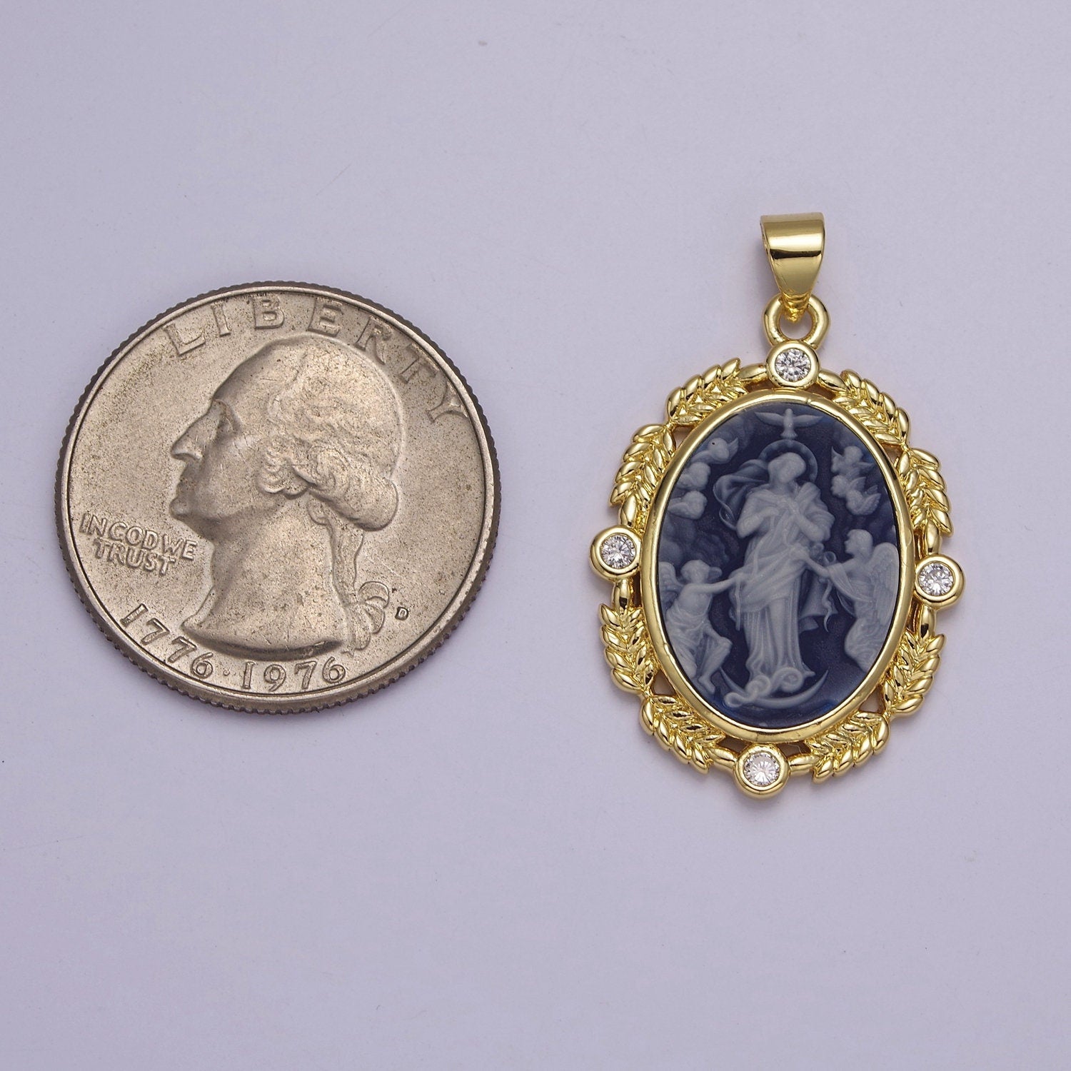 Dainty Micro Pave Blue Agate Jesus pendant Angel cameo Religious jewelry Charm Necklace J-327