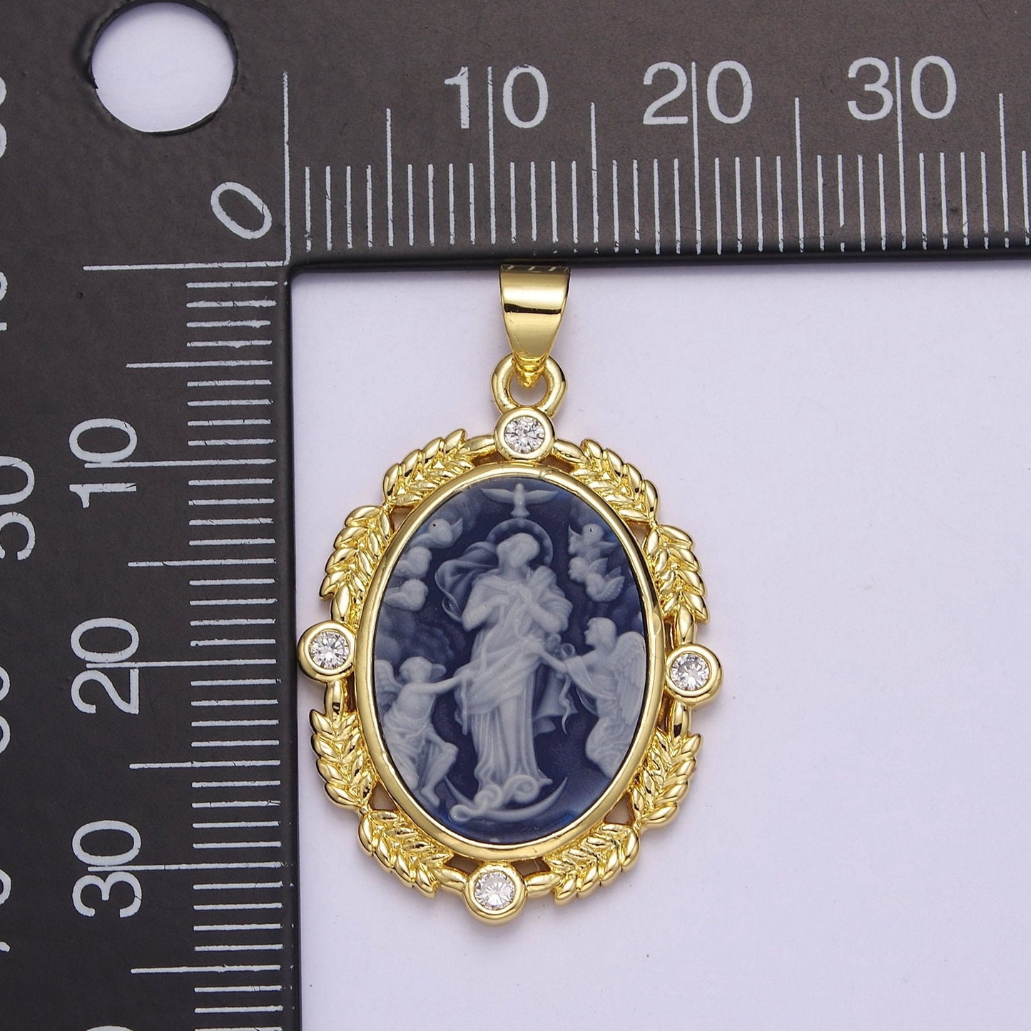 Dainty Micro Pave Blue Agate Jesus pendant Angel cameo Religious jewelry Charm Necklace J-327
